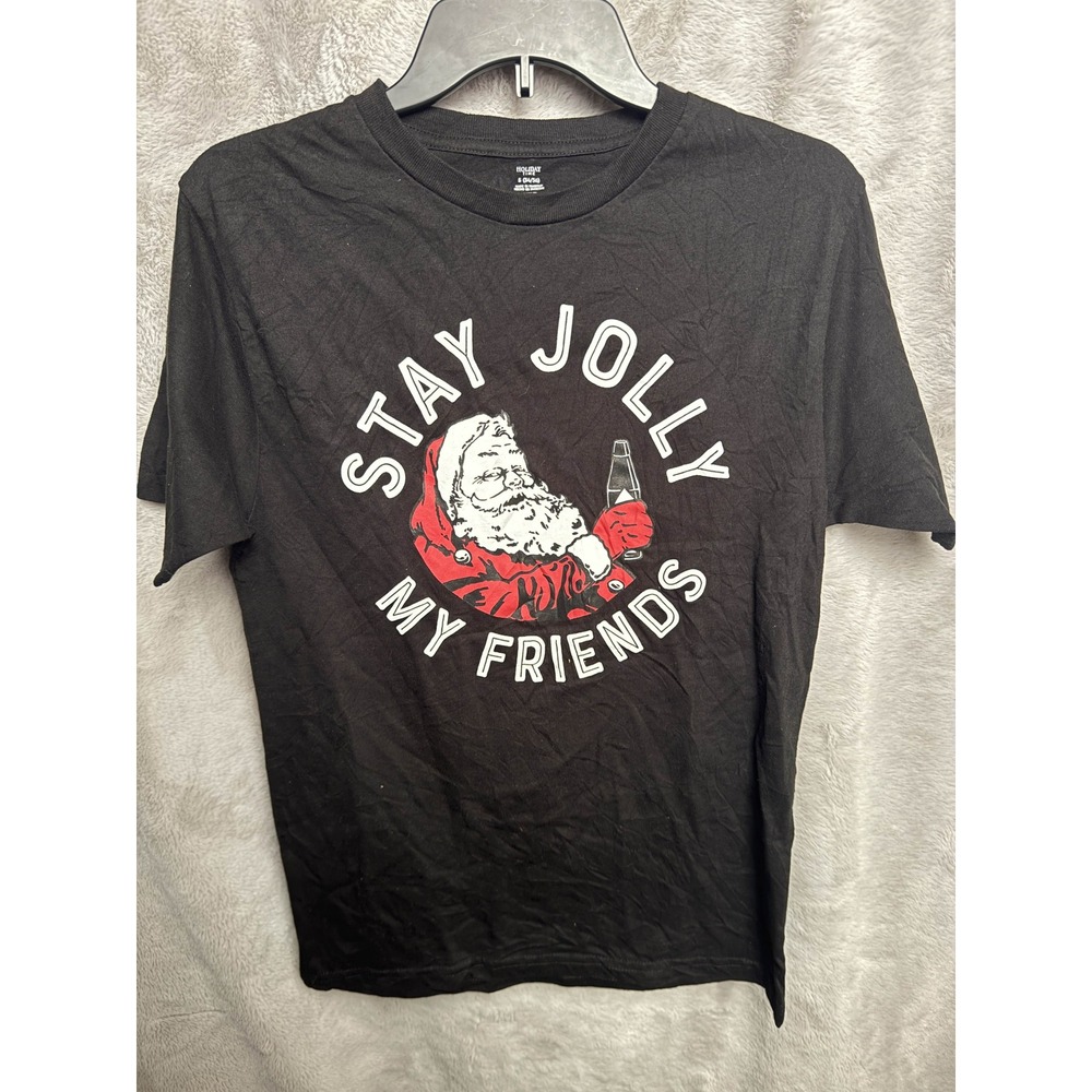 Holiday Time Men's Black Christmas T-Shirt Santa "Stay Jolly My Friends" Size S‎
